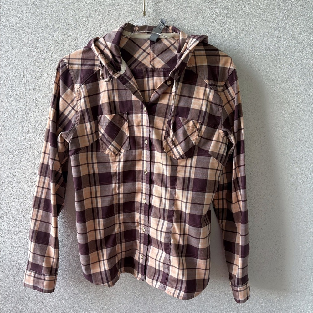 Mountain Hardwear Hooded‎ Button Up Shirt Long Sleeve Size L Brown & Peach Color